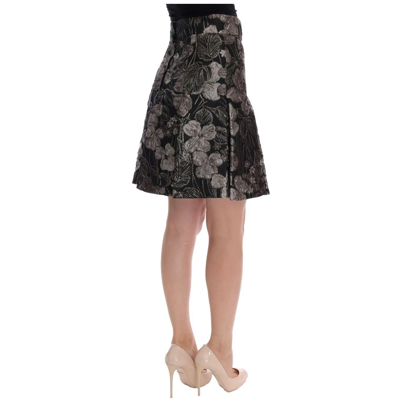 Dolce & Gabbana Elegant Black Silver-Floral Straight Skirt