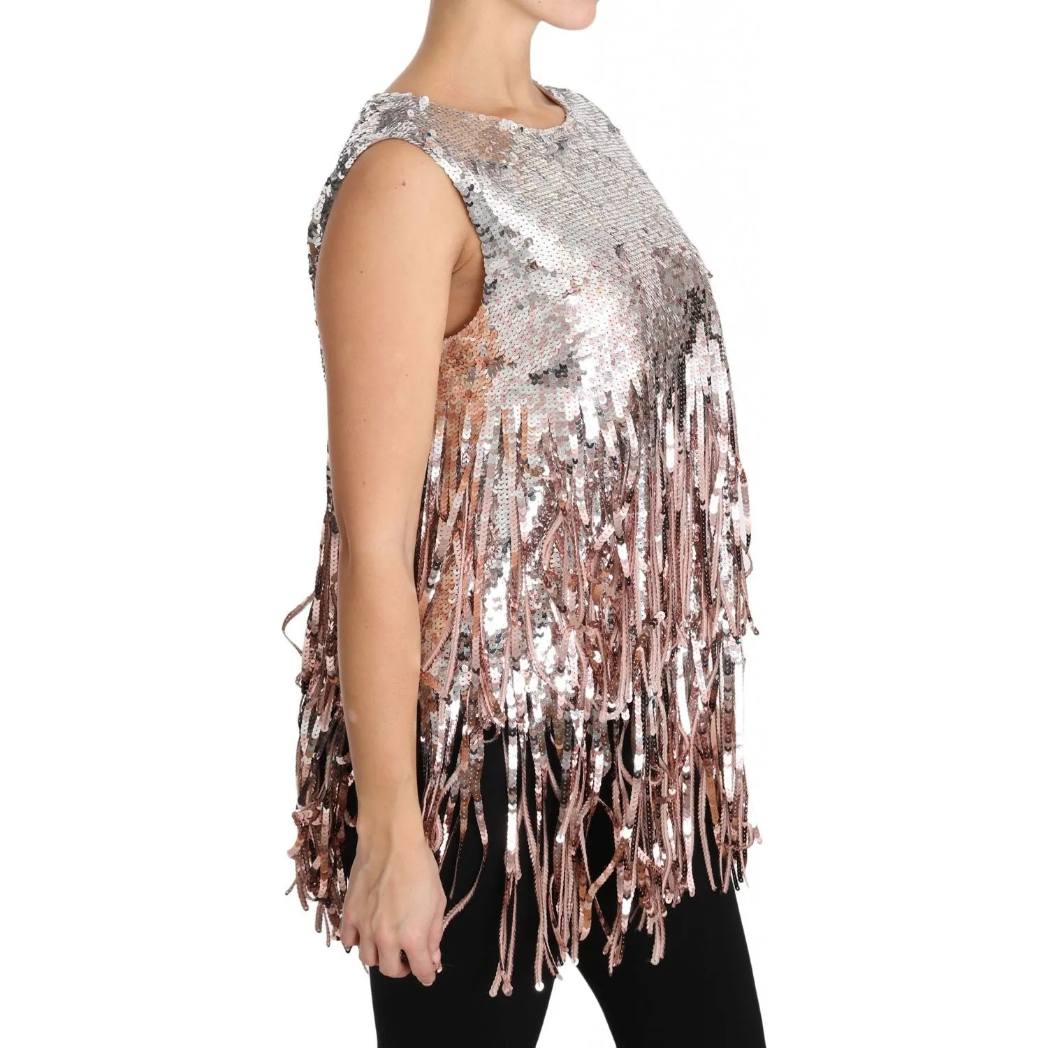 Dolce & Gabbana Golden Pink Sequined Fringe Elegance Top