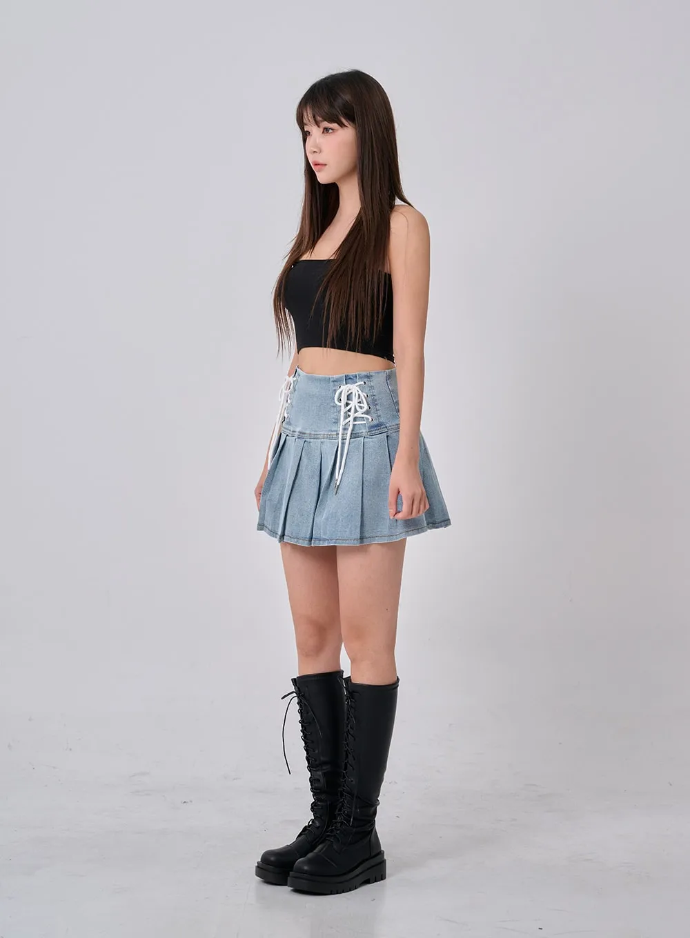 Double Ribbon Half Pleated Denim Mini Skirt BO26