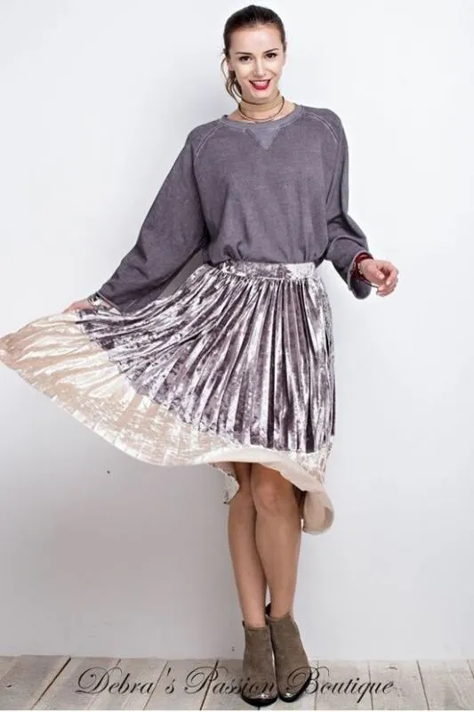 Easel Ice Velvet Pleated Midi Skirt - Mushroom