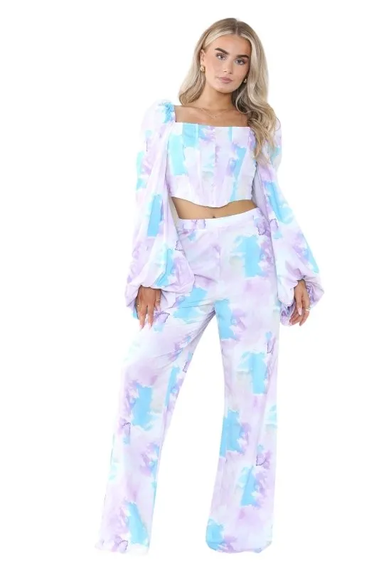 Elaina Fashion Women's Tie Dye Corset Full Sleeve Crop Top, High-Waist Wide Flared Leg Palazzo Trouser Pants 2-Piece Set Casual Summer Club Party Street Wear Co-Ord Outfit