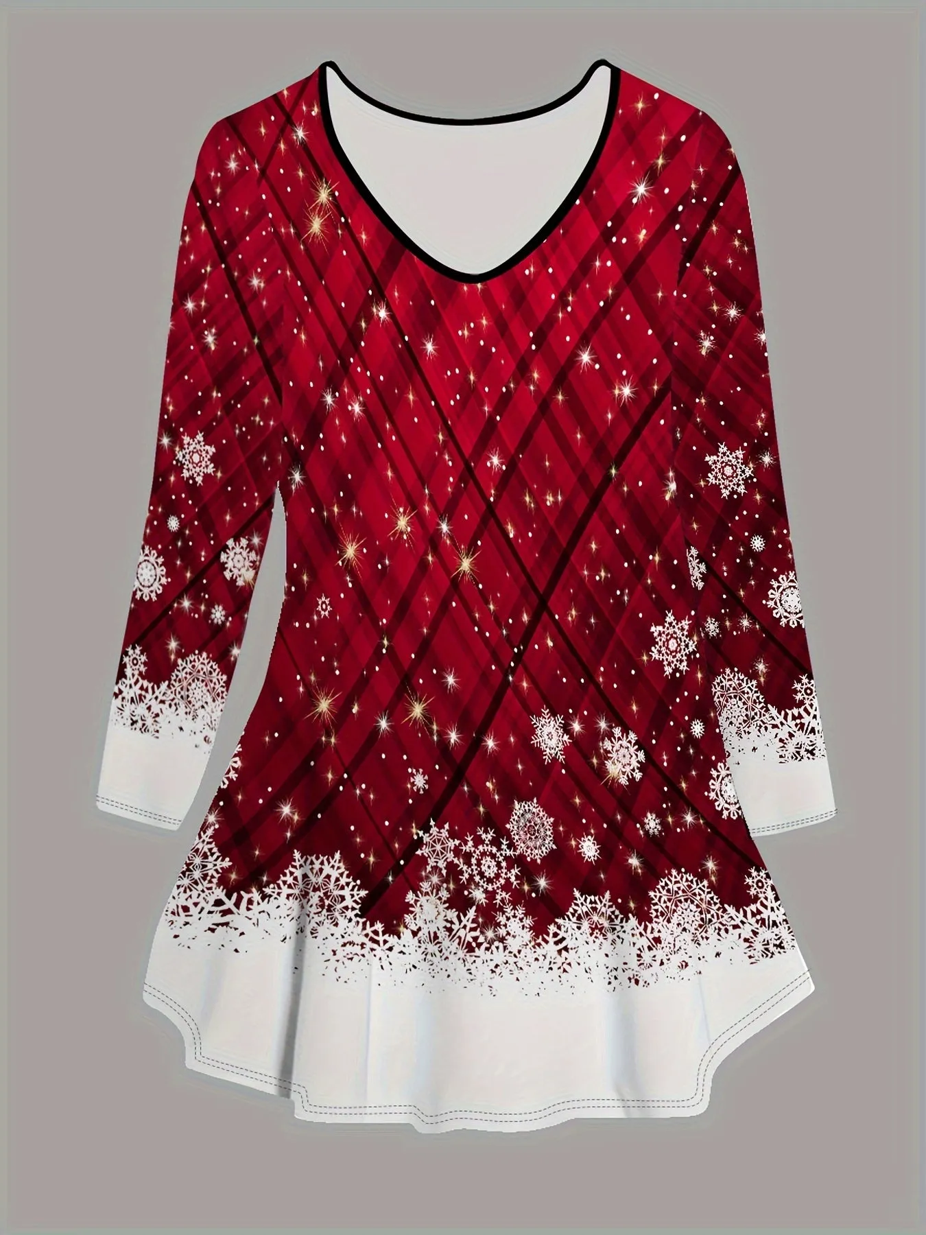 Elegant Special Series Women's Christmas Set - Casual Polyester Knit Fabric, V-Neck Long Sleeve Top with Flared Pants, Festive Red Plaid Snowflake Print