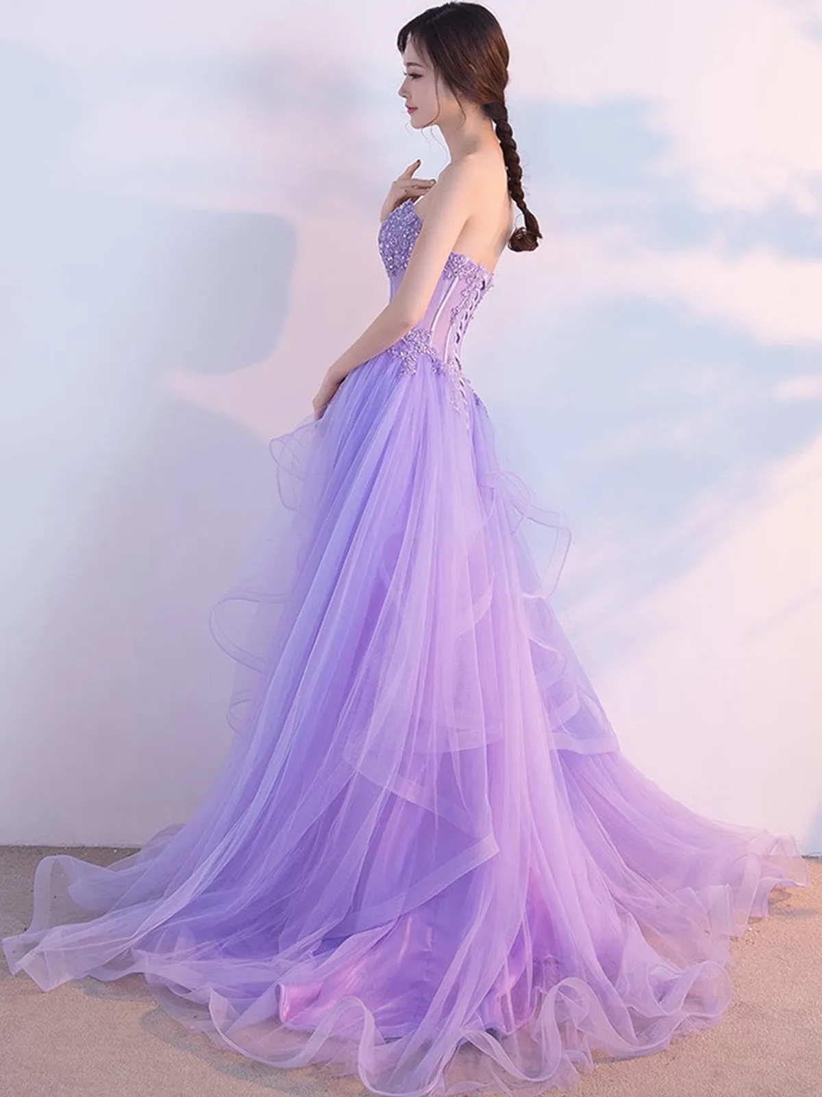 Elegant Strapless Open Back Purple Lace Long Prom Dresses, Purple Lace Formal Evening Dresses, Purple Ball Gown