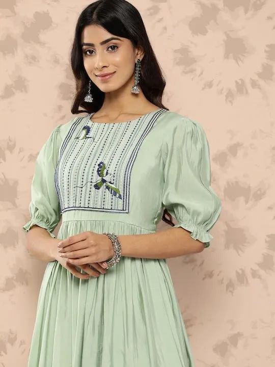 Embroidered Yoke Design Puff Sleeves Midi Ethnic Dress