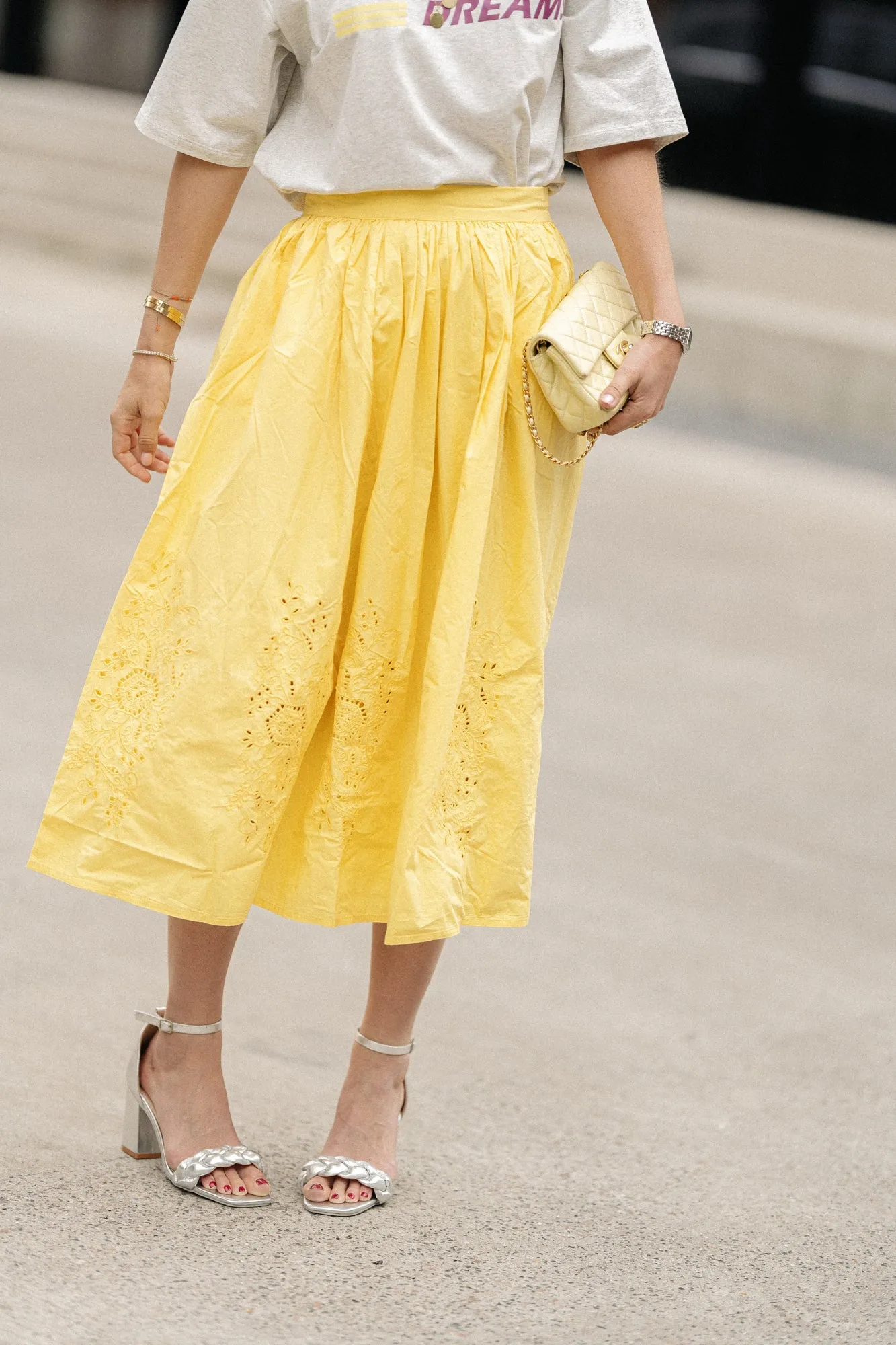 Embroidery anglaise midi skirt sweet yellow