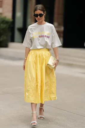 Embroidery anglaise midi skirt sweet yellow