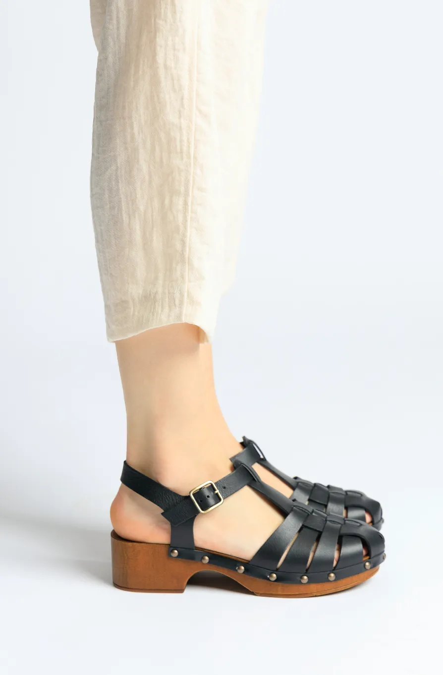 Emmi Black Leather Clogs