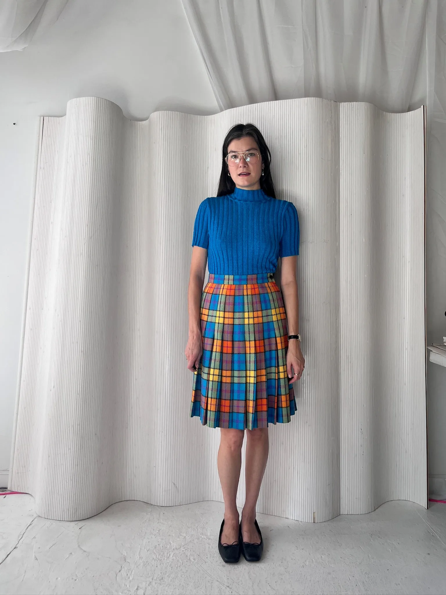 Escada Colorful Plaid Pleated Skirt