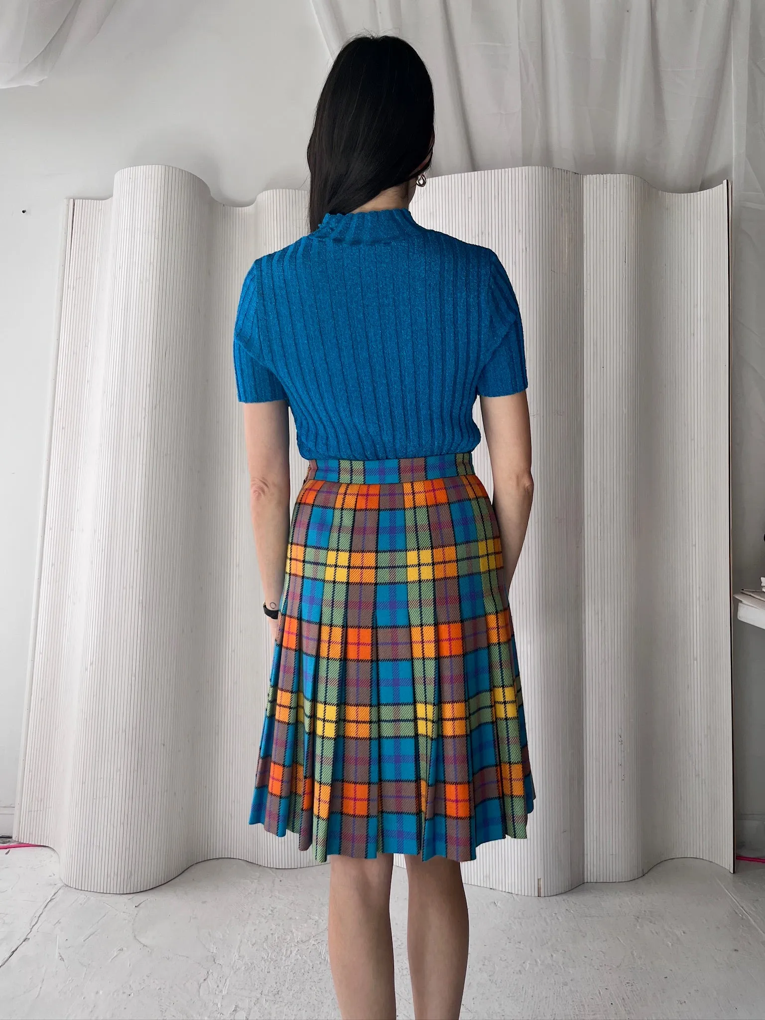 Escada Colorful Plaid Pleated Skirt