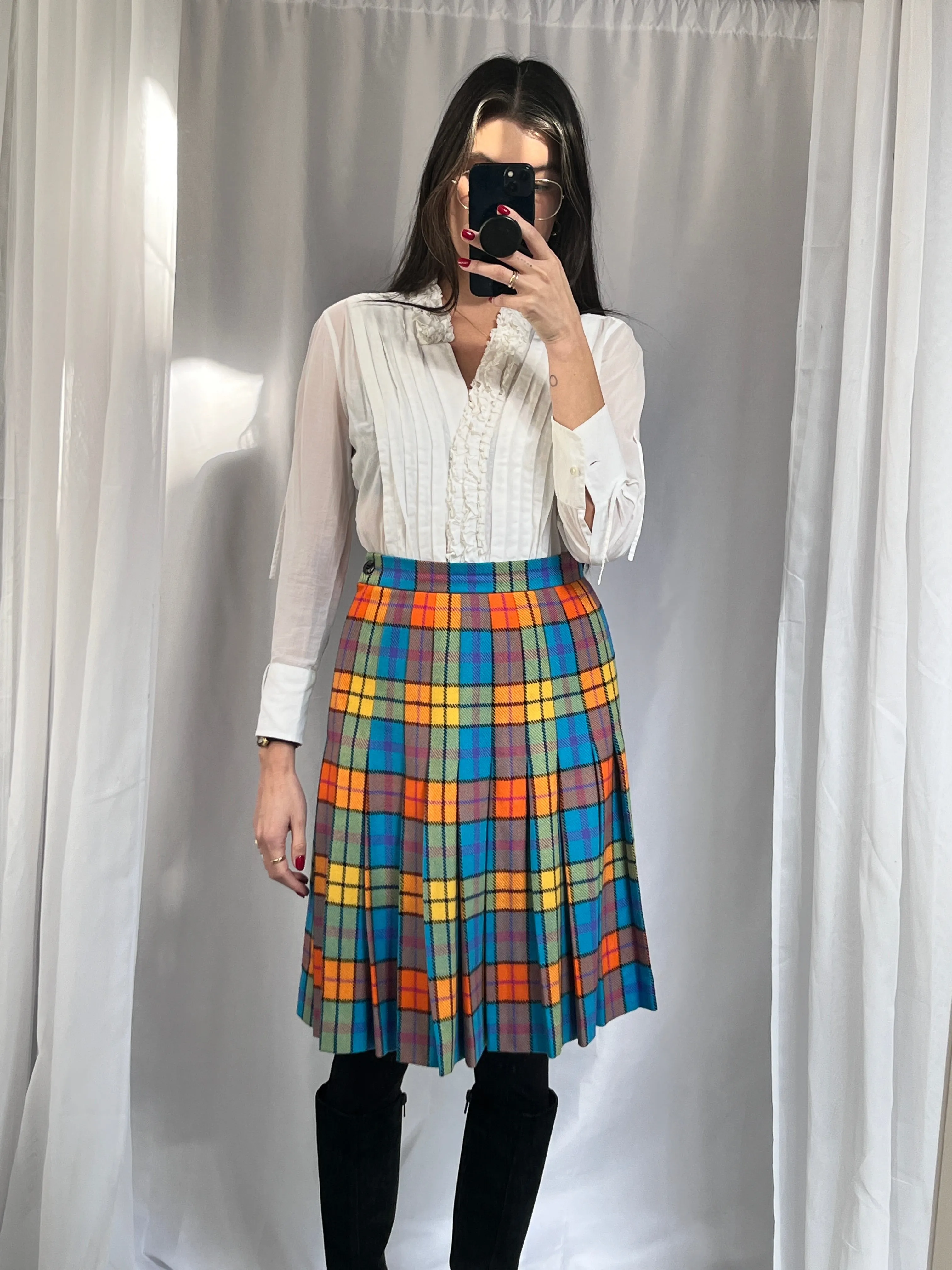 Escada Colorful Plaid Pleated Skirt