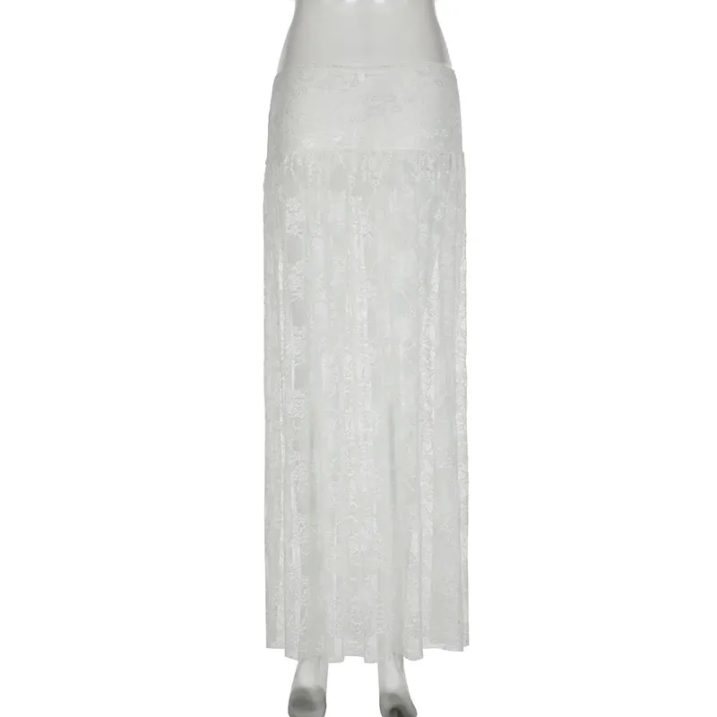 Fashion Sexy White Lace Skirt See Through Outfits Bow Solid Clubwear Loose Y2K Hot Holidays Long Skirt Women Bottoms