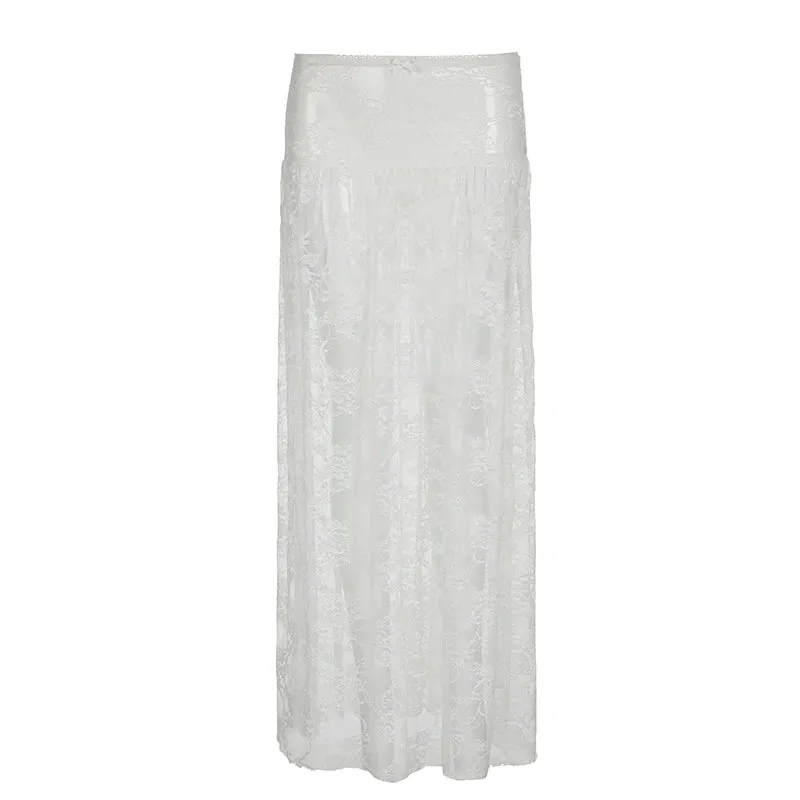 Fashion Sexy White Lace Skirt See Through Outfits Bow Solid Clubwear Loose Y2K Hot Holidays Long Skirt Women Bottoms