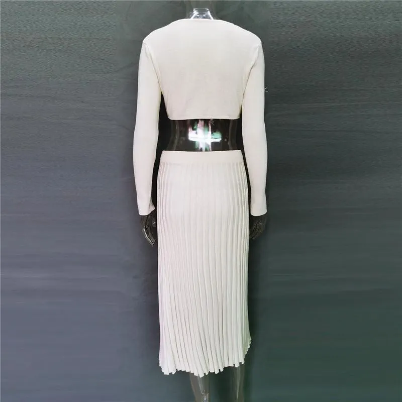 Fashion Women Knitted Pleated Skirt Suit High Slit Sexy Button Long