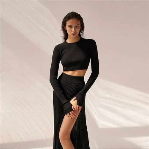 Fashion Women Knitted Pleated Skirt Suit High Slit Sexy Button Long