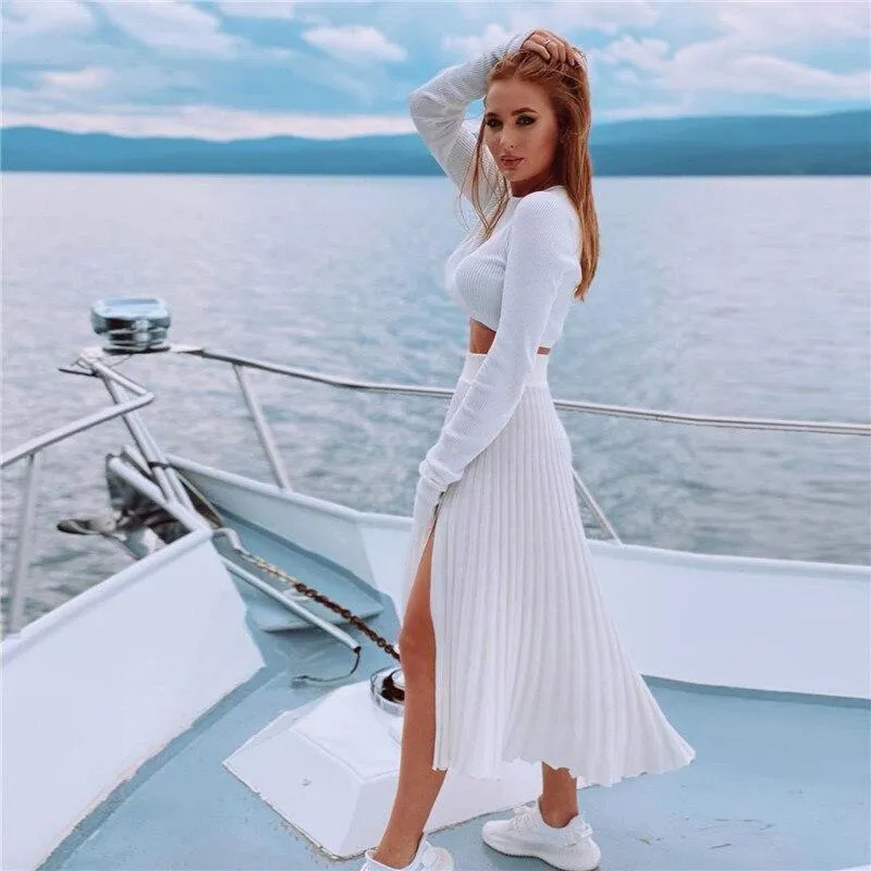 Fashion Women Knitted Pleated Skirt Suit High Slit Sexy Button Long