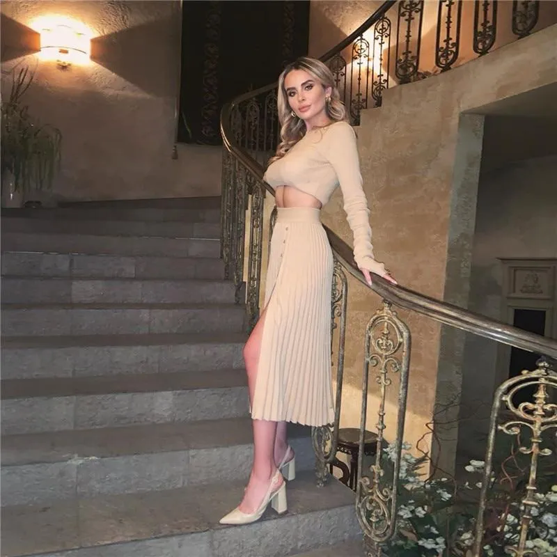 Fashion Women Knitted Pleated Skirt Suit High Slit Sexy Button Long