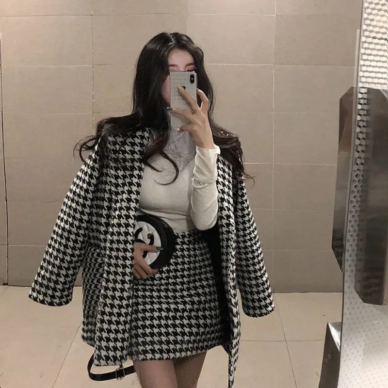 Fashionkova retail worker dress to impress Suit Women's Spring and Autumn New Houndstooth Elegant Quilted Woolen Overcoat Coat High Waist Skirt Two-Piece Set