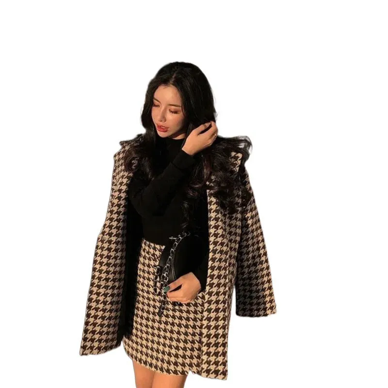 Fashionkova retail worker dress to impress Suit Women's Spring and Autumn New Houndstooth Elegant Quilted Woolen Overcoat Coat High Waist Skirt Two-Piece Set