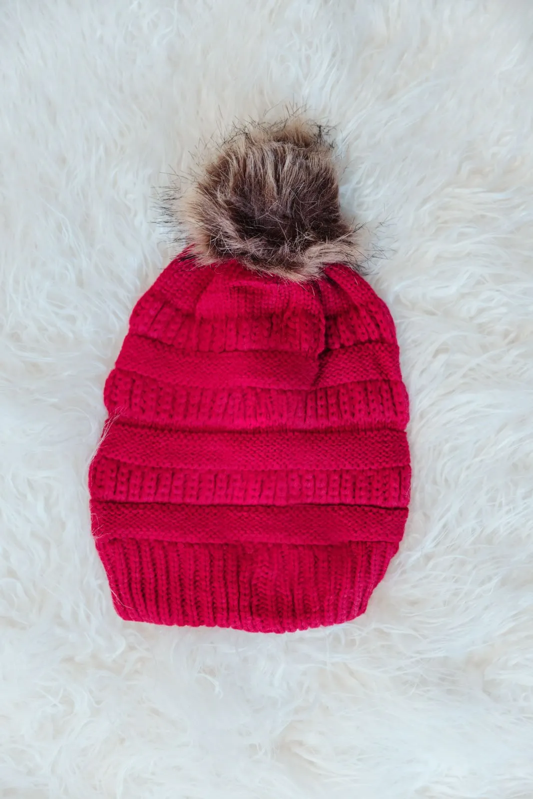 Faux Fur Pom Pom Beanie in Pink