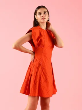 Flared Pleated Solid Orange Dress