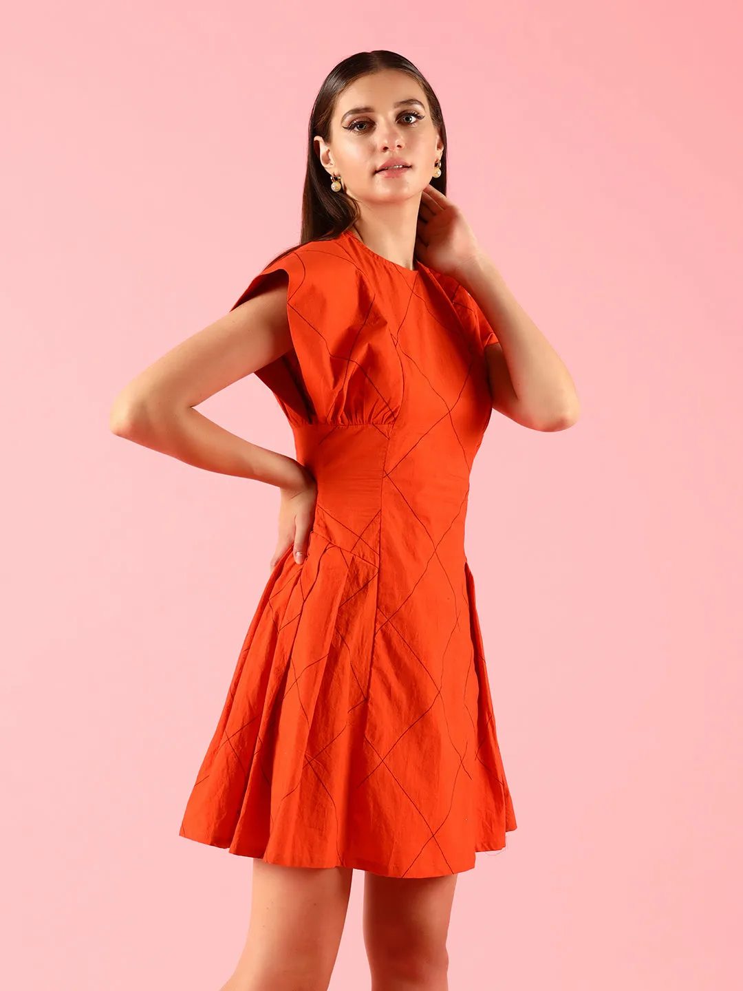 Flared Pleated Solid Orange Dress