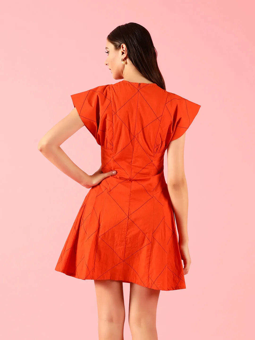 Flared Pleated Solid Orange Dress