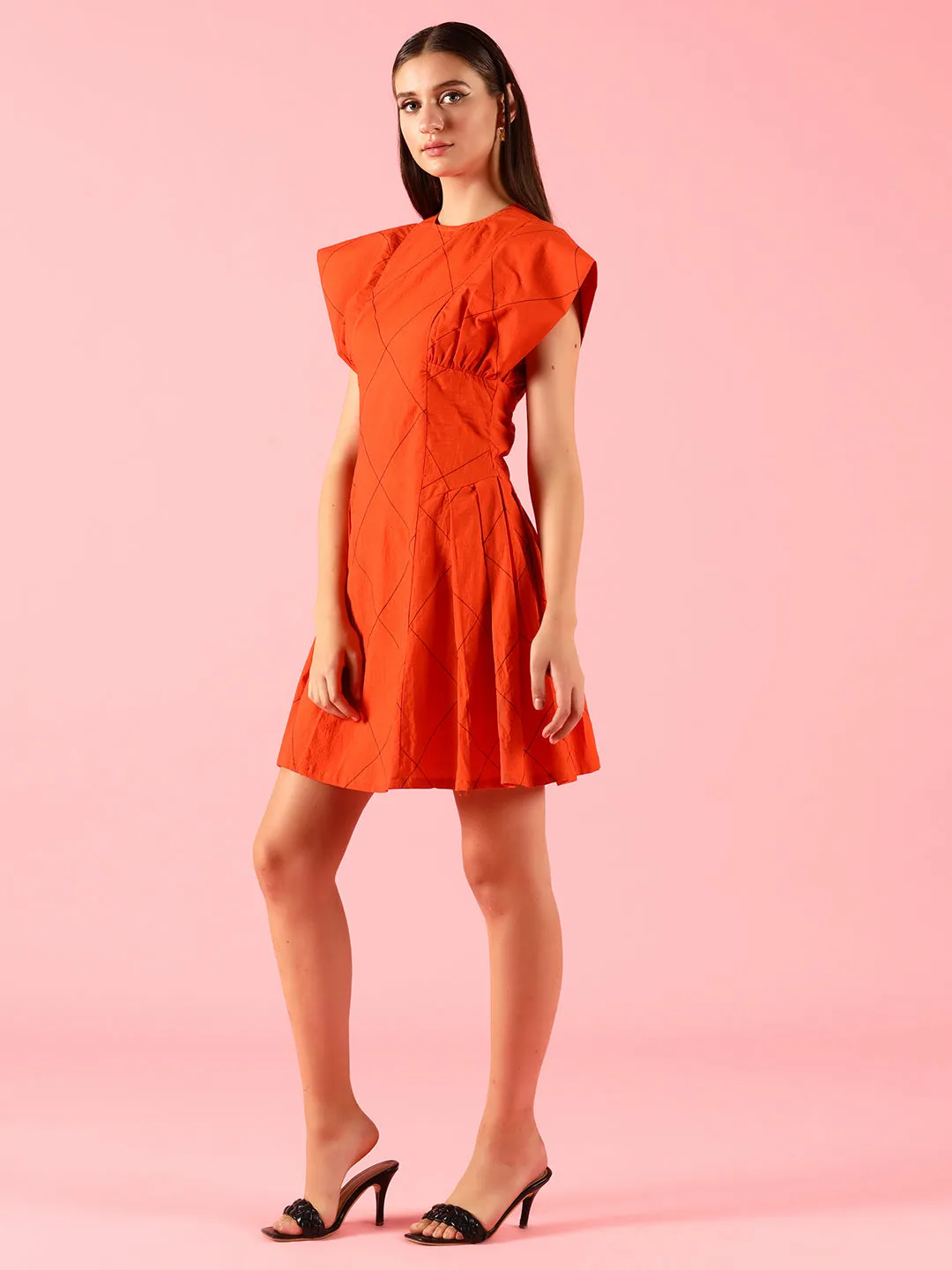 Flared Pleated Solid Orange Dress