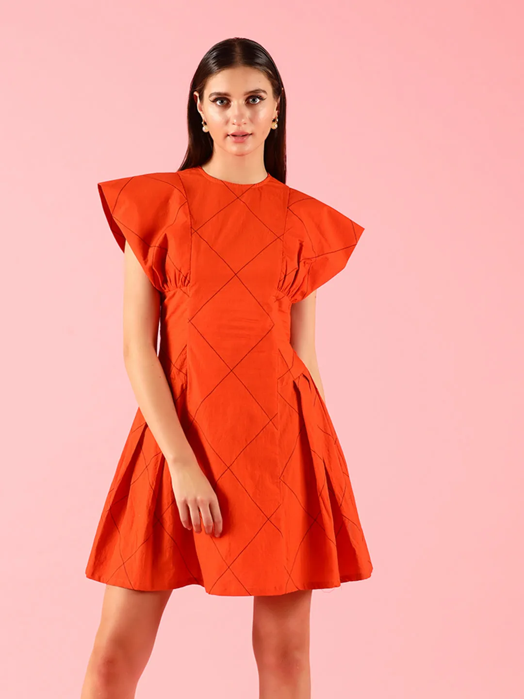 Flared Pleated Solid Orange Dress