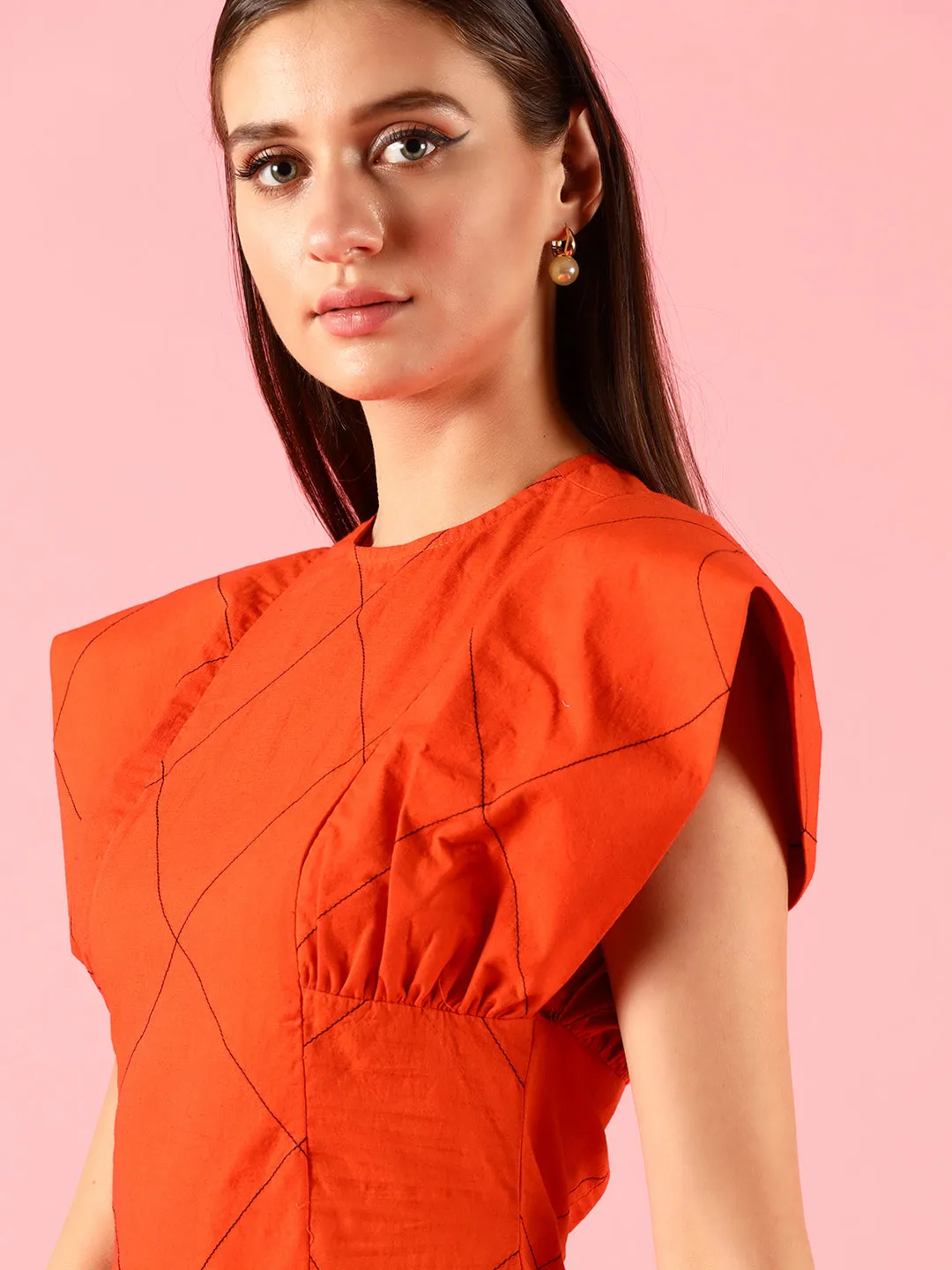 Flared Pleated Solid Orange Dress