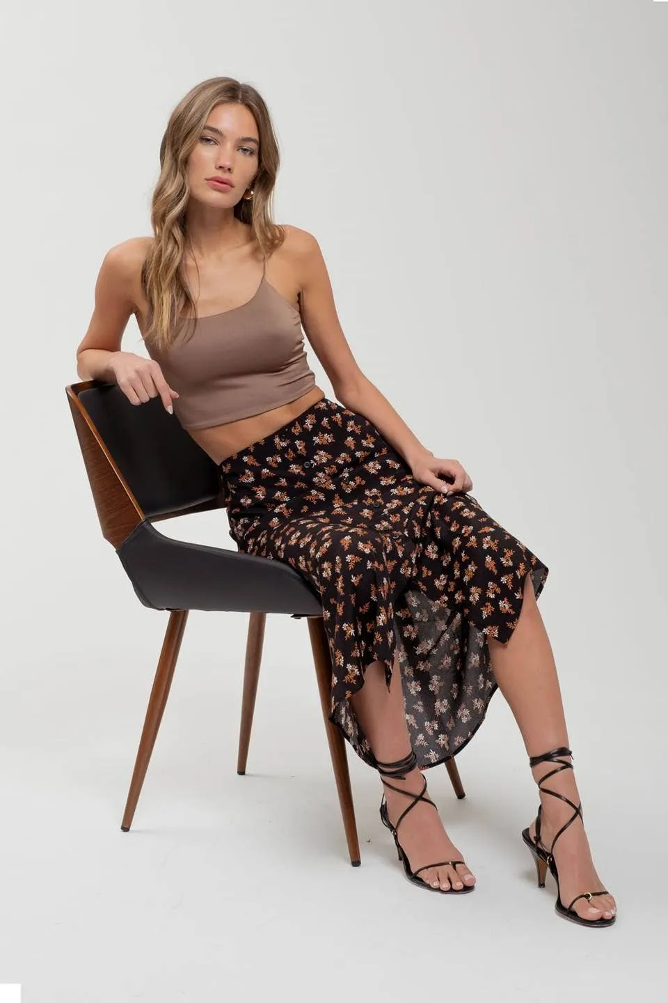 FLORAL BUTTON FRONT SPLIT HEM MIDI SKIRT