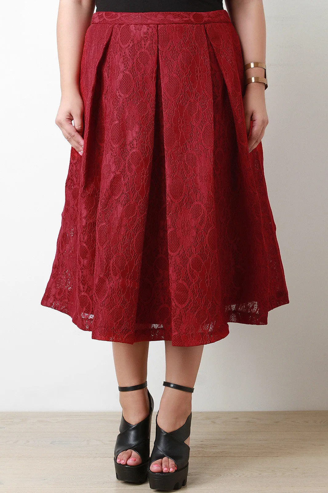 Floral Lace Pleated Midi Skirt