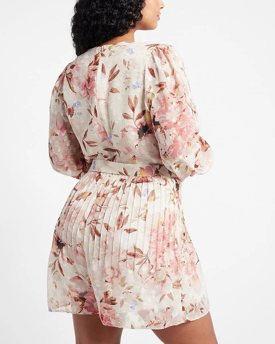 Floral Print Long Sleeve Pleated Wrap Front Romper in Pink Print