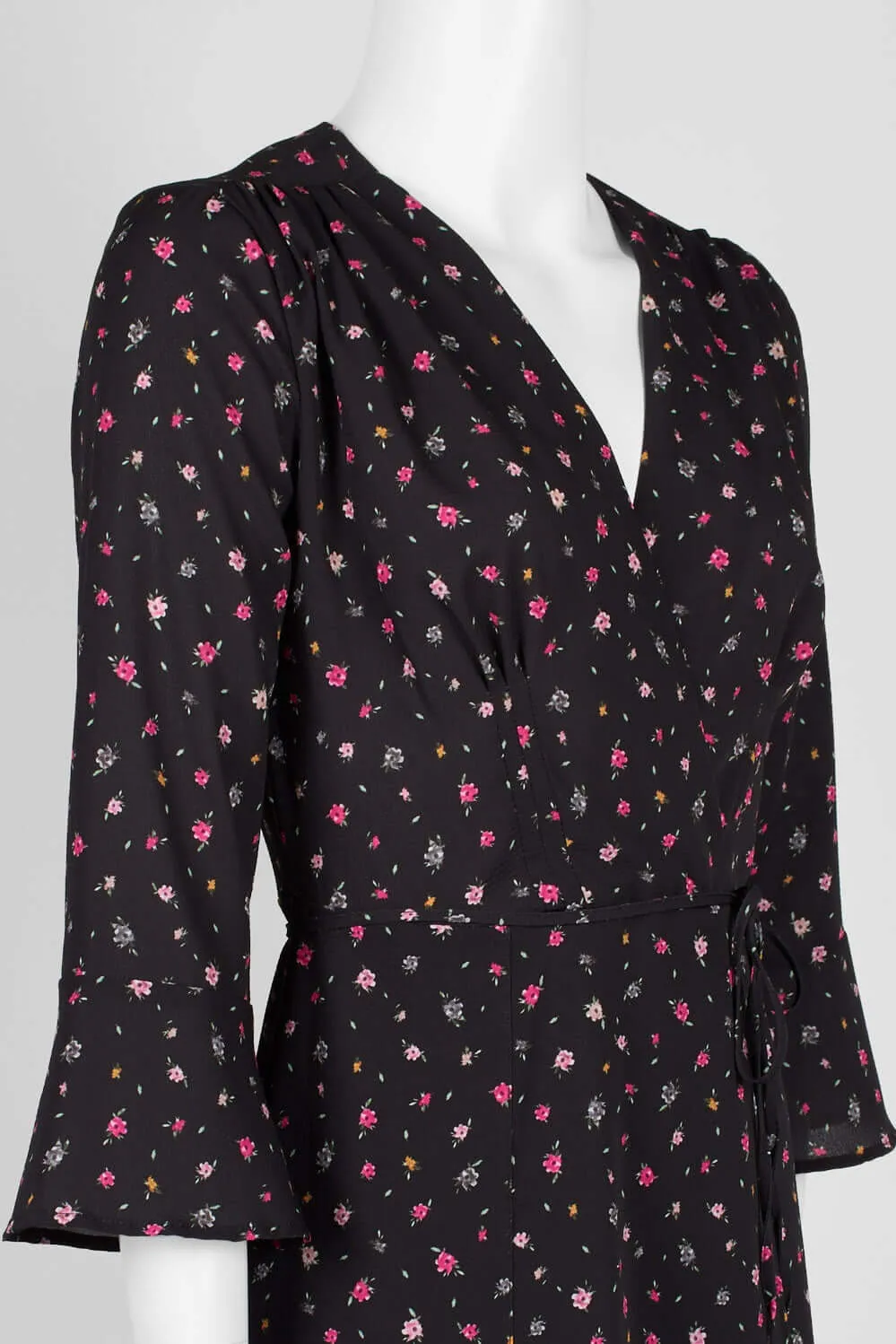 French Connection V-Neck 3/4 Sleeve Pleated Tie Waist Floral Print Faux-Wrap Polyester Dress