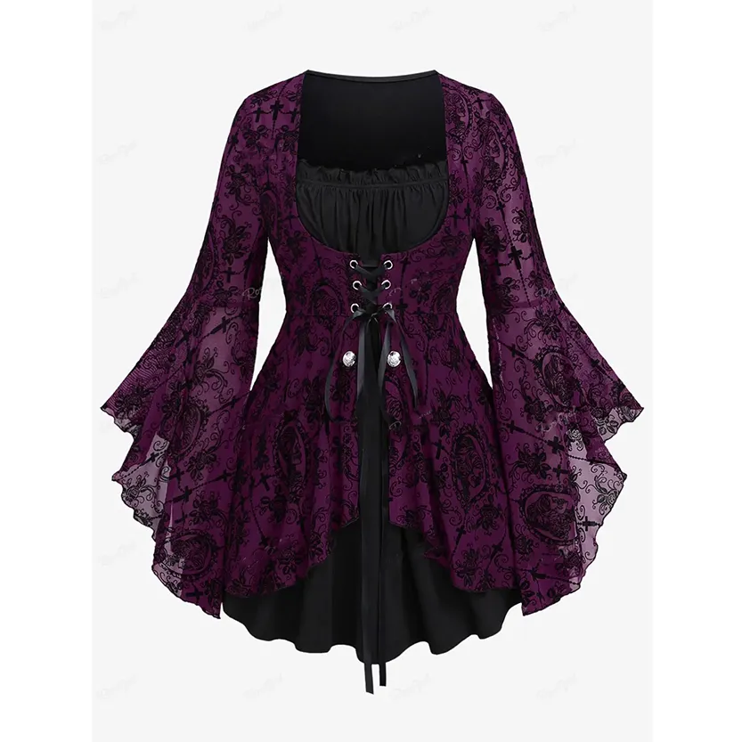 Funki Buys | Shirts | Women's Gothic Punk Floral Lace Up Top