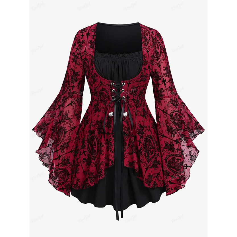 Funki Buys | Shirts | Women's Gothic Punk Floral Lace Up Top