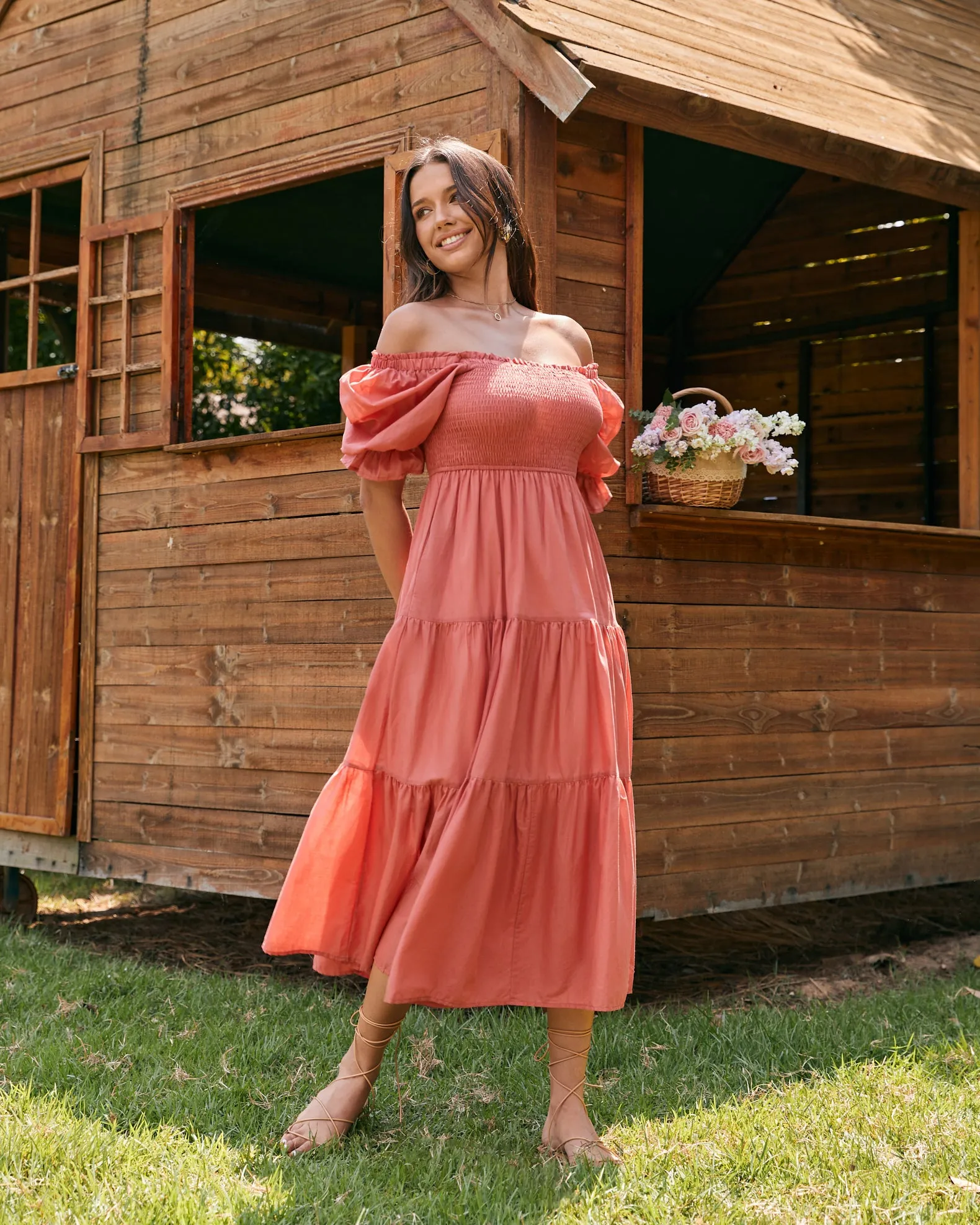 Gabrielle Terracotta Pink Puff Sleeve Tiered Midi Dress