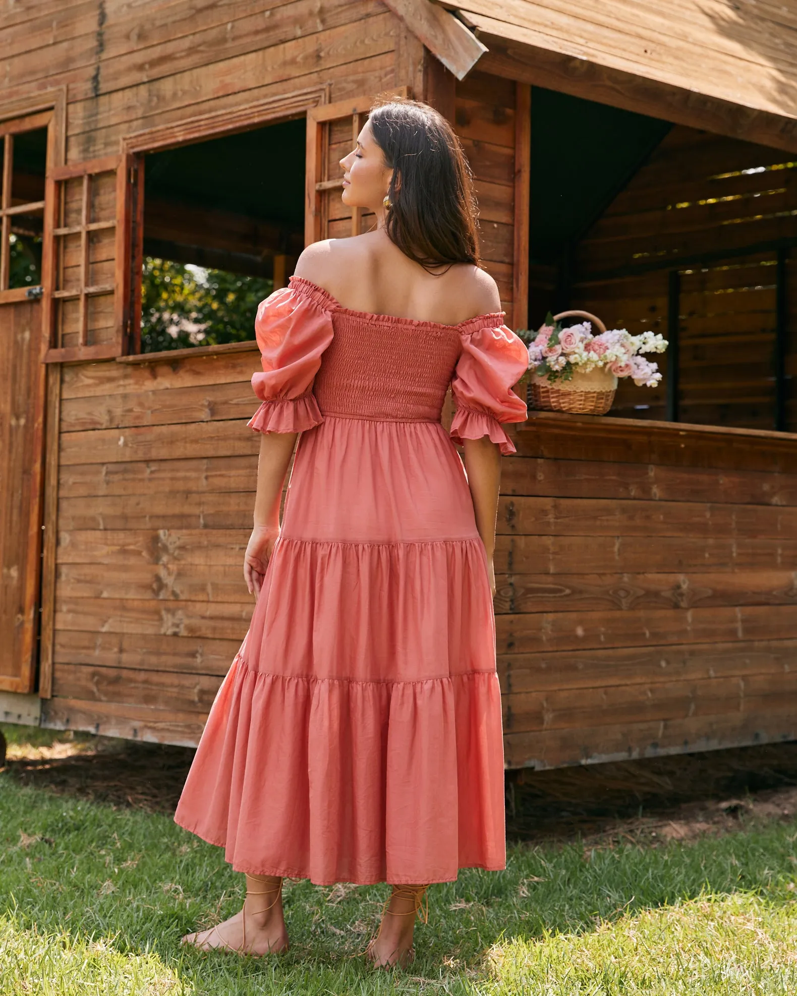 Gabrielle Terracotta Pink Puff Sleeve Tiered Midi Dress