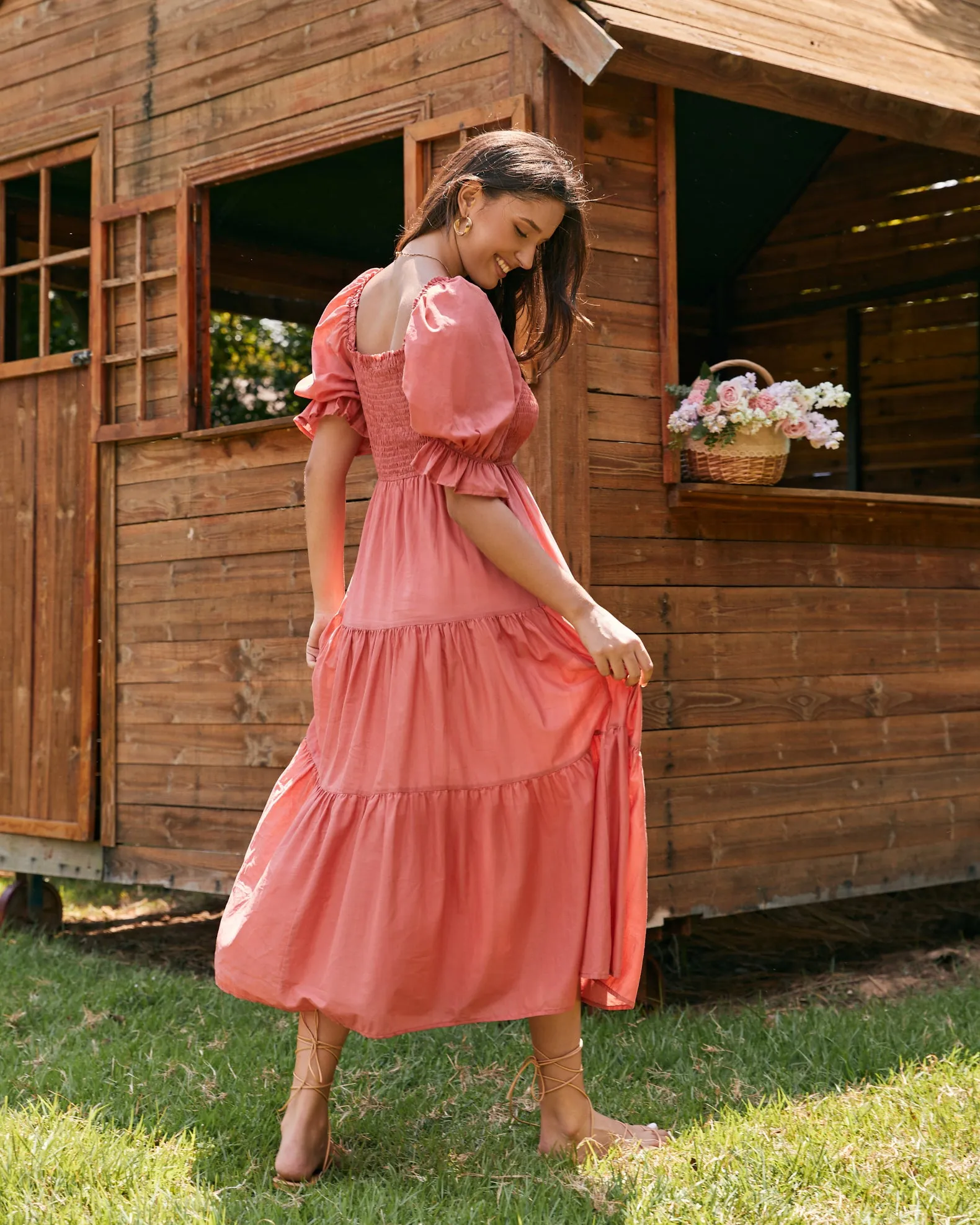 Gabrielle Terracotta Pink Puff Sleeve Tiered Midi Dress