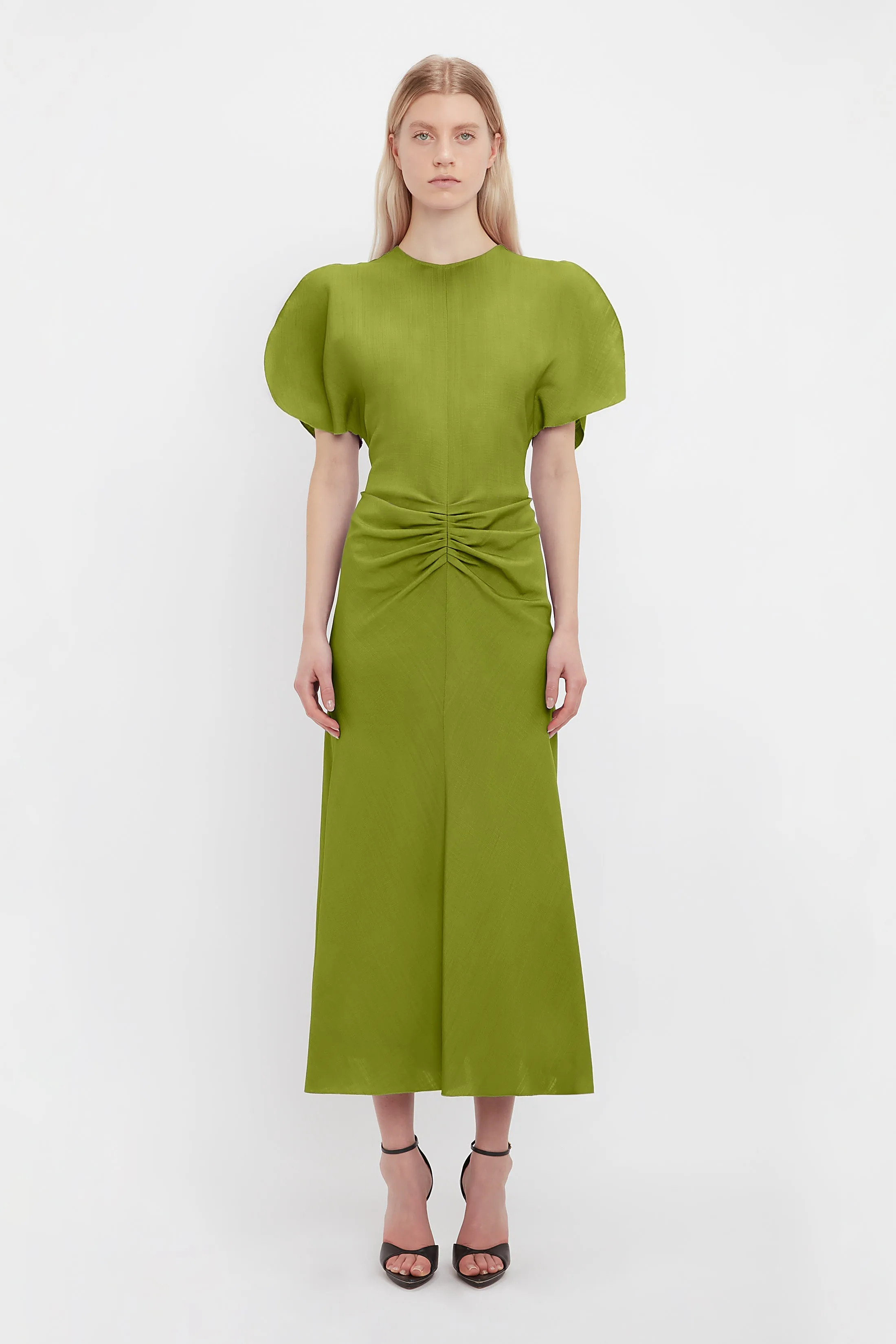 Gathered Waist Midi Dress In Parrot Green