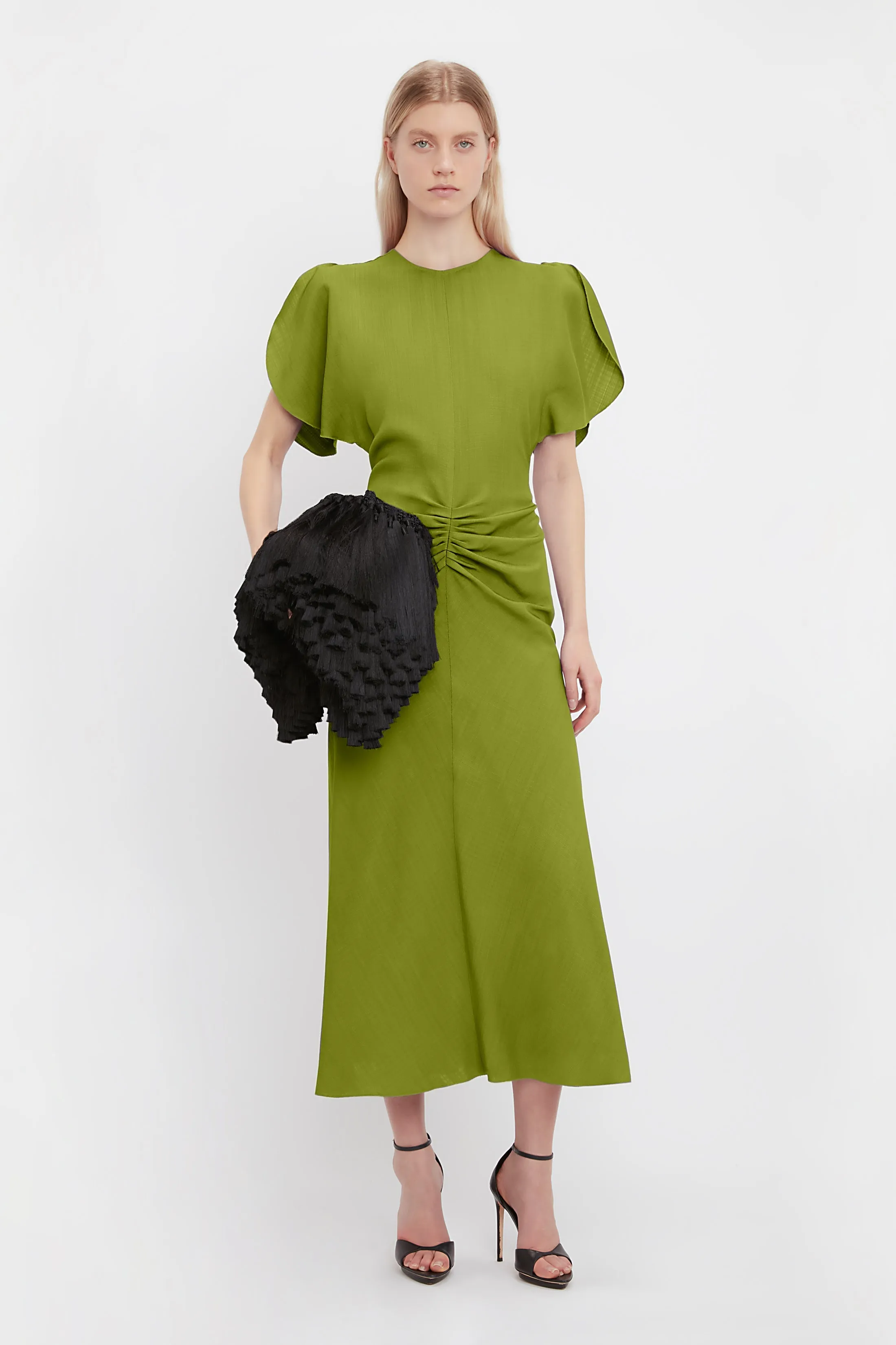 Gathered Waist Midi Dress In Parrot Green