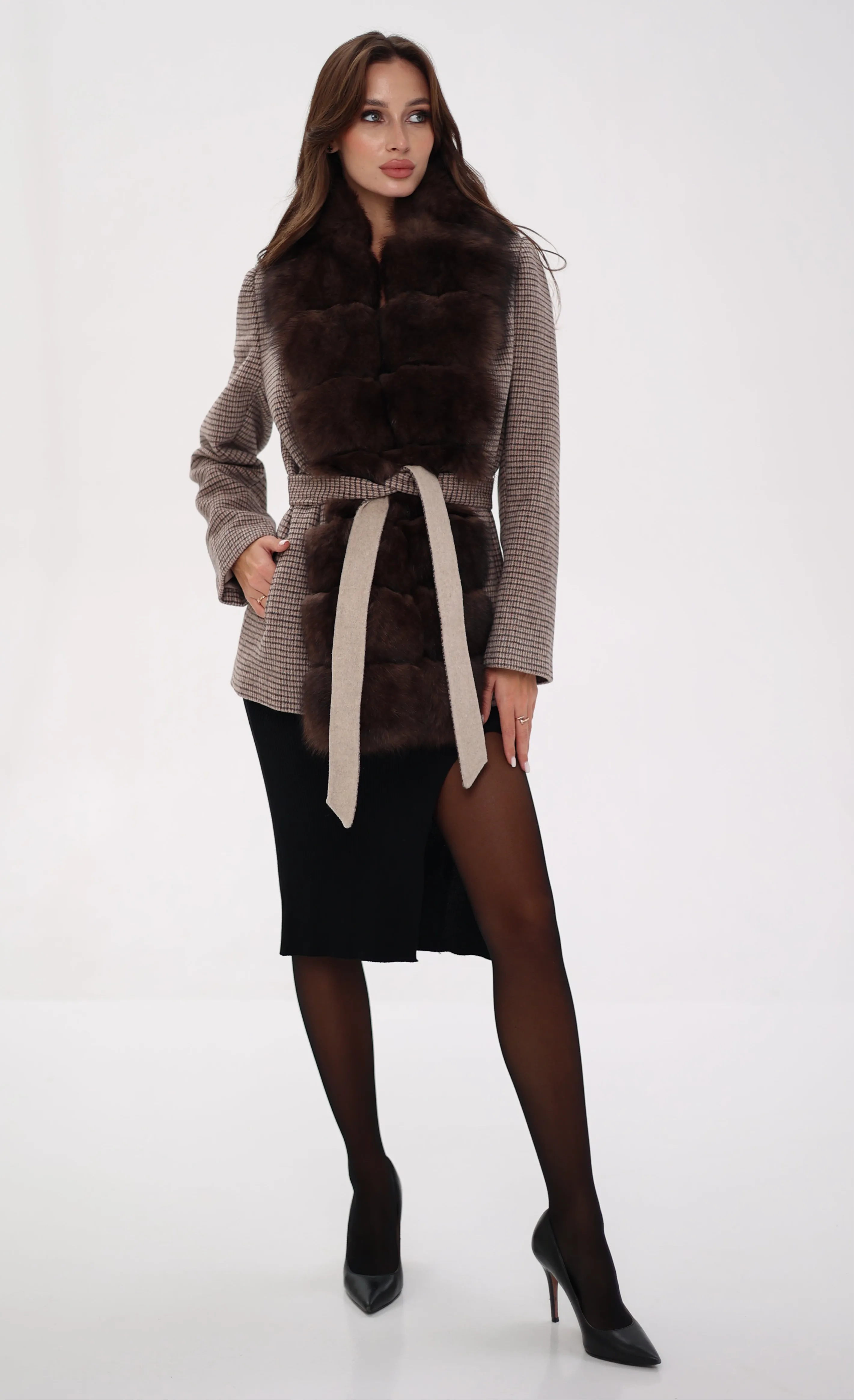 Genuine Polar Fox Fur Virgin Wool Coat in Dark Beige