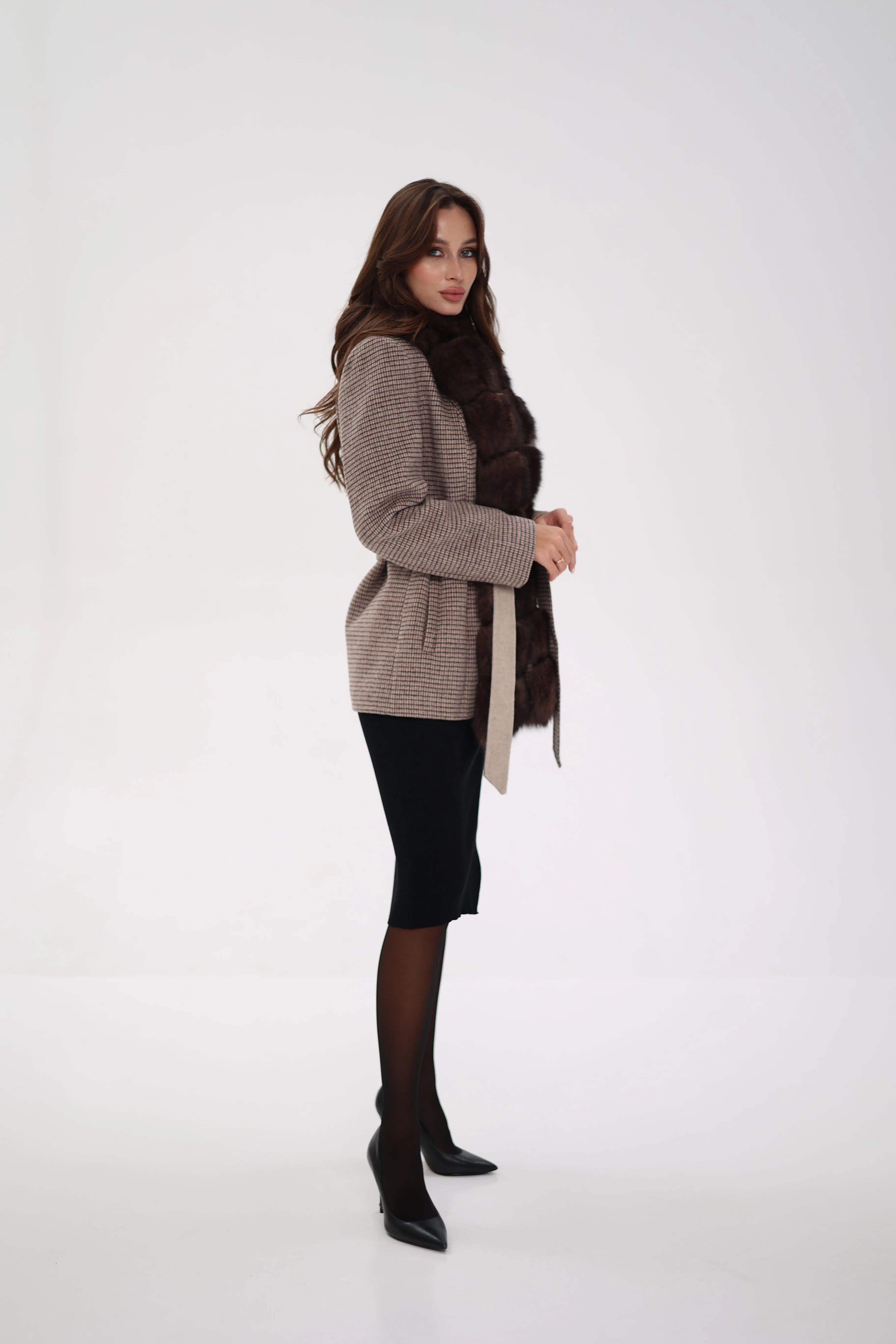 Genuine Polar Fox Fur Virgin Wool Coat in Dark Beige