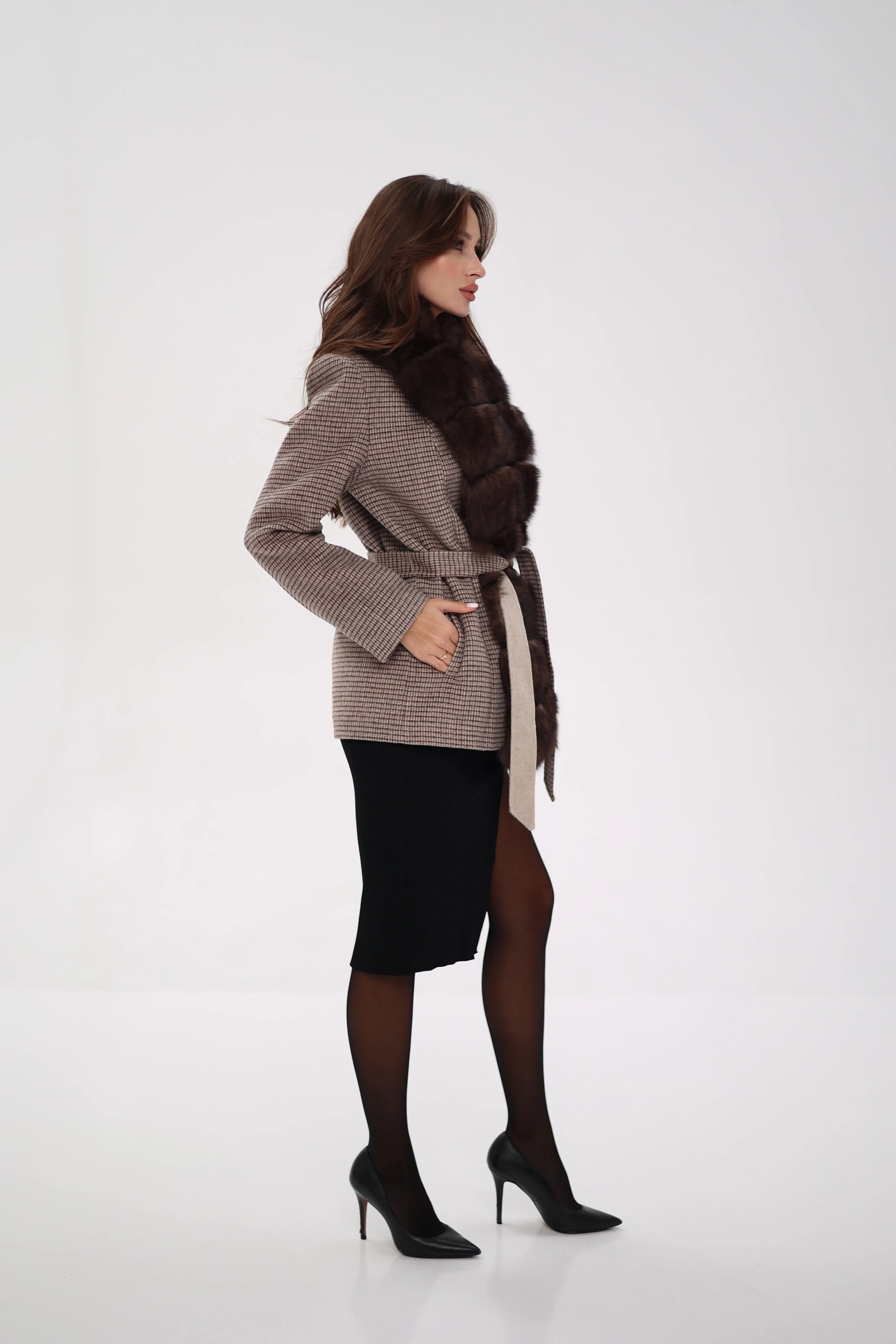 Genuine Polar Fox Fur Virgin Wool Coat in Dark Beige