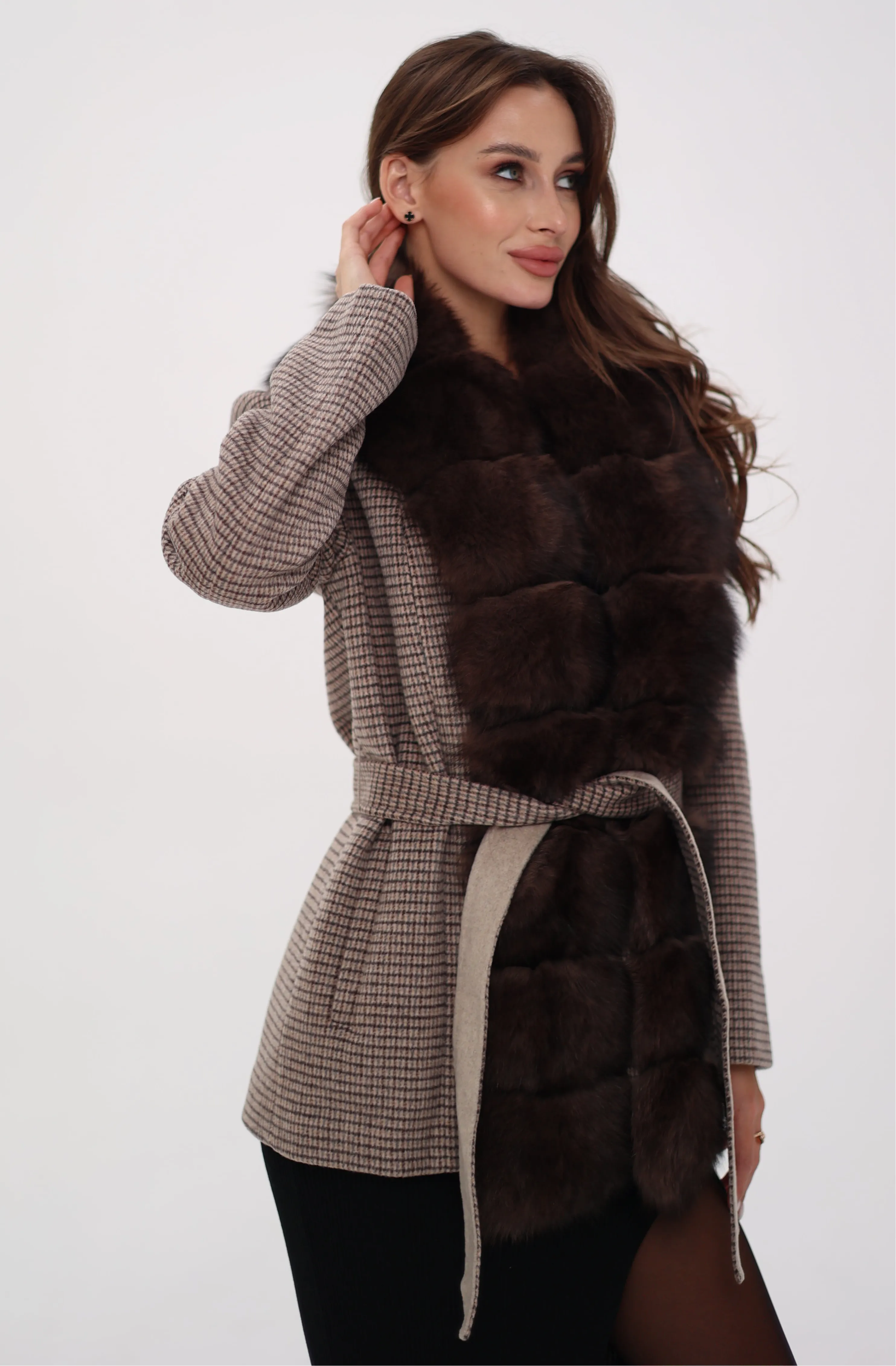 Genuine Polar Fox Fur Virgin Wool Coat in Dark Beige