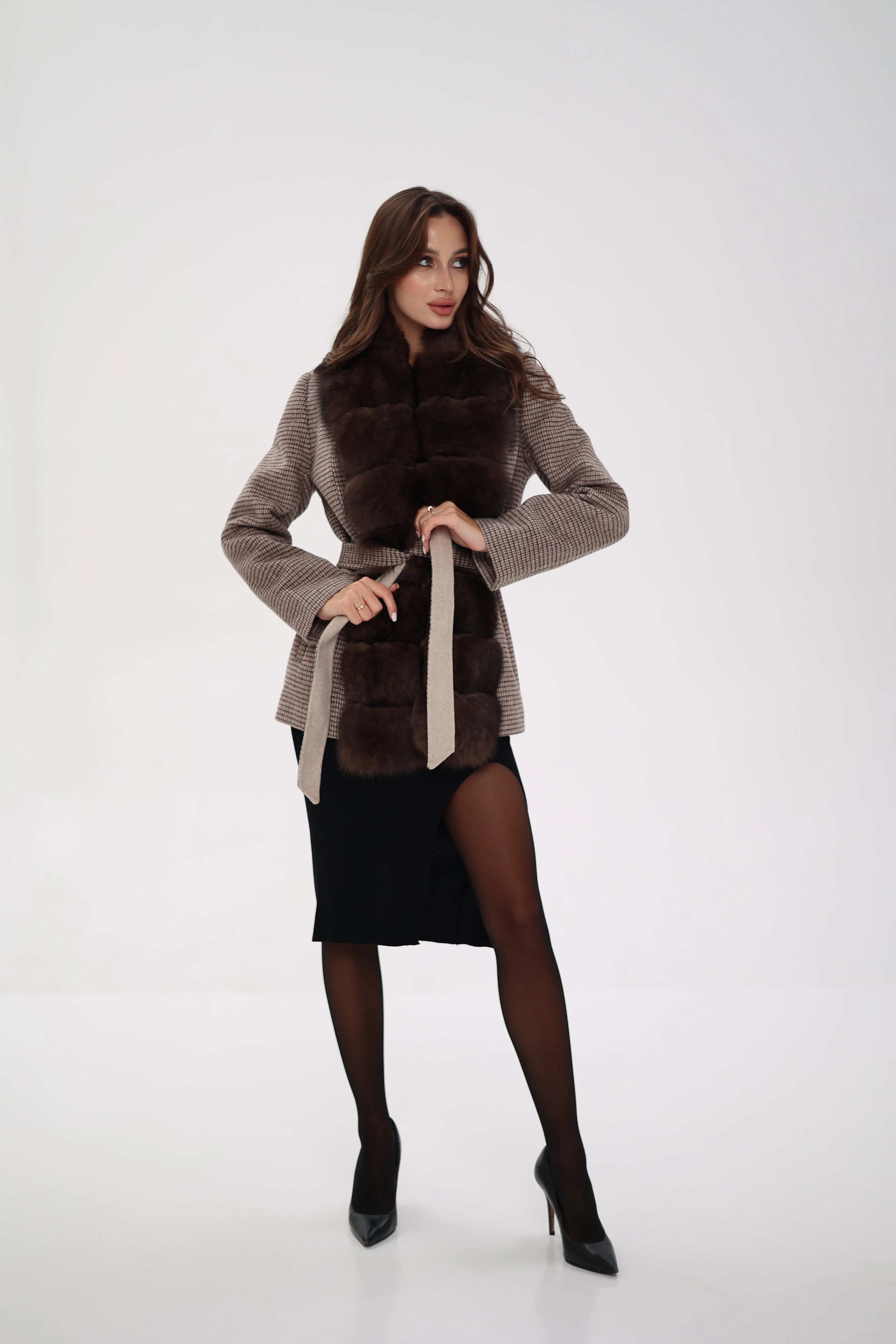 Genuine Polar Fox Fur Virgin Wool Coat in Dark Beige