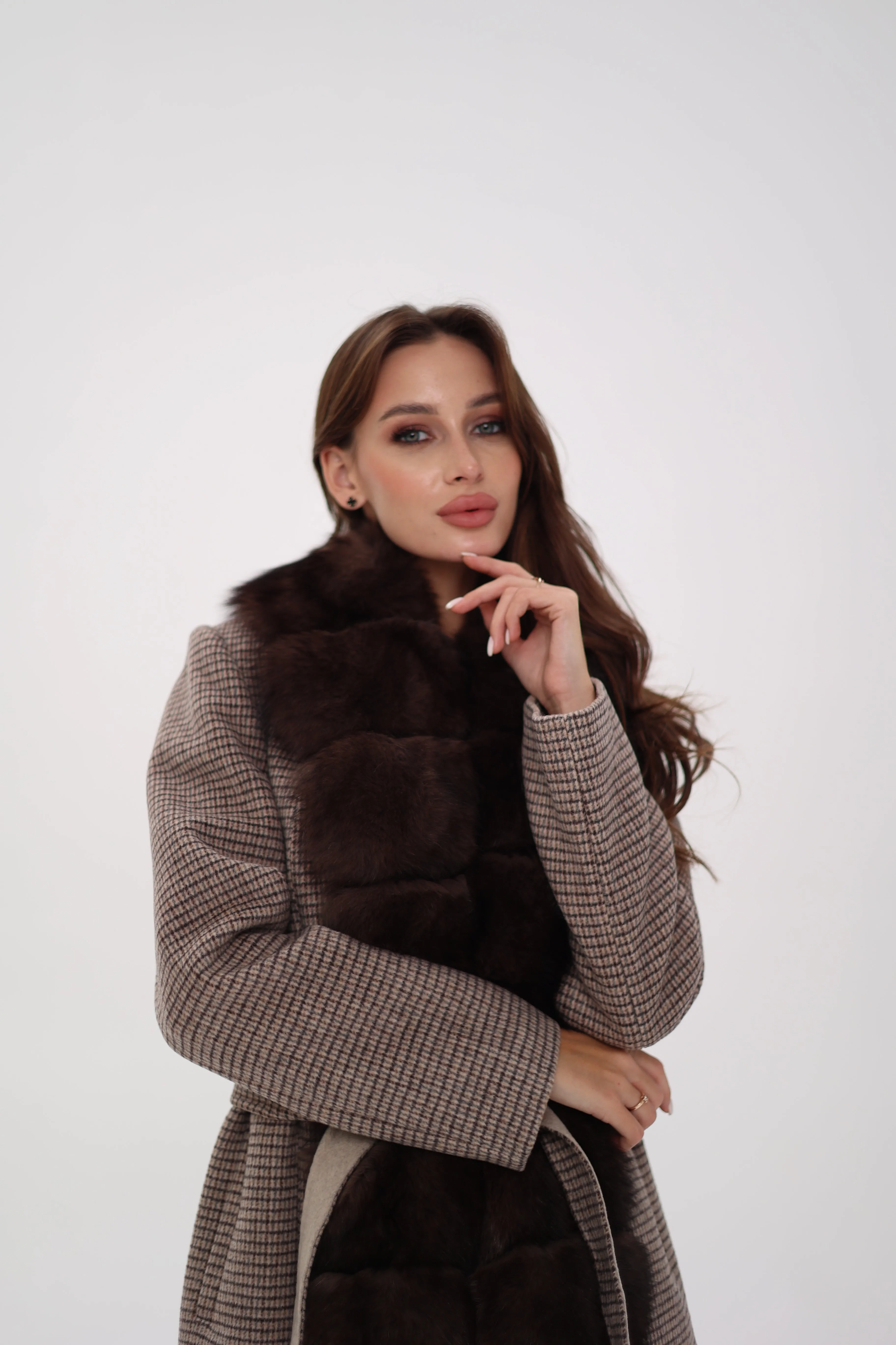 Genuine Polar Fox Fur Virgin Wool Coat in Dark Beige