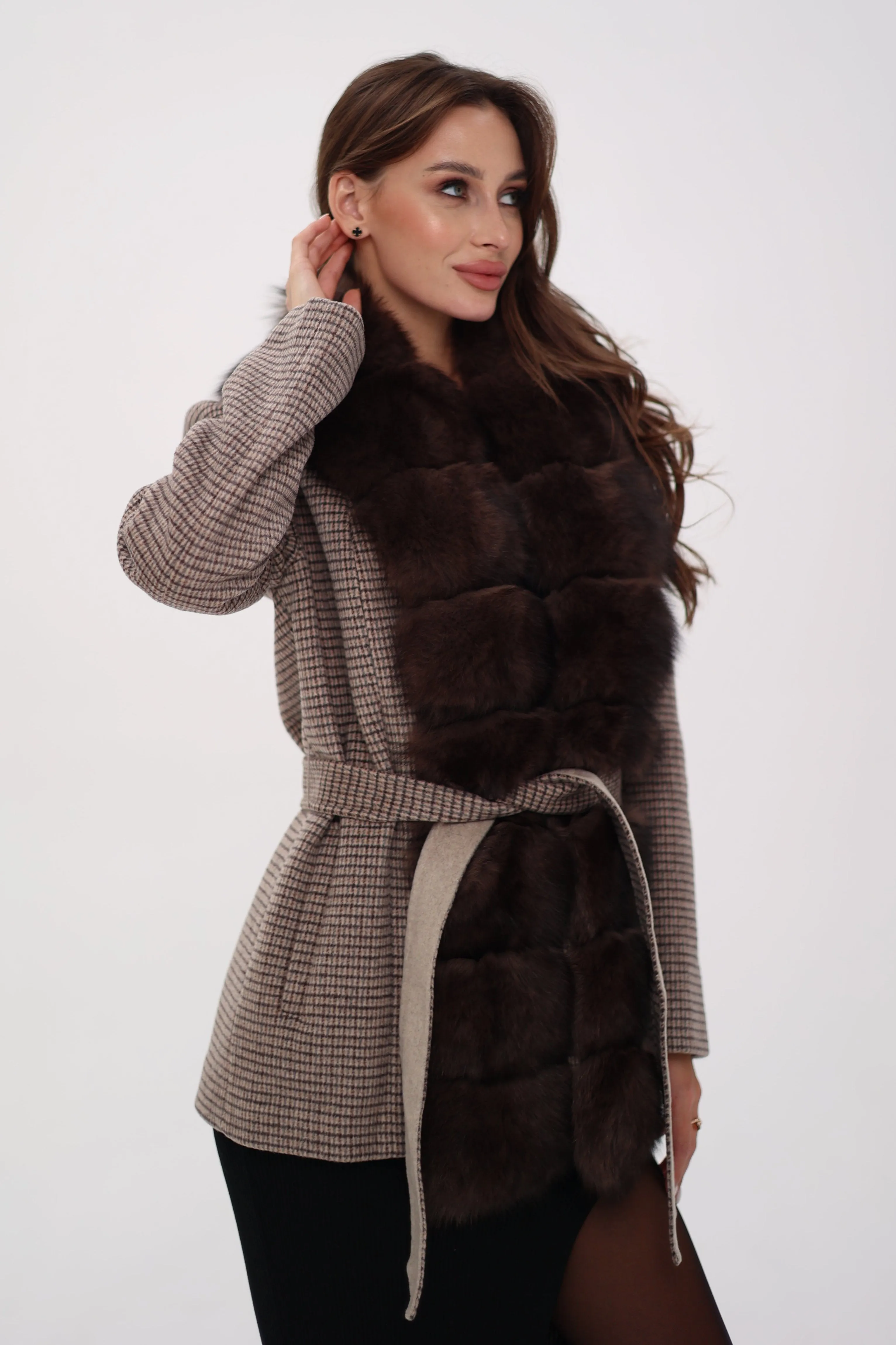 Genuine Polar Fox Fur Virgin Wool Coat in Dark Beige