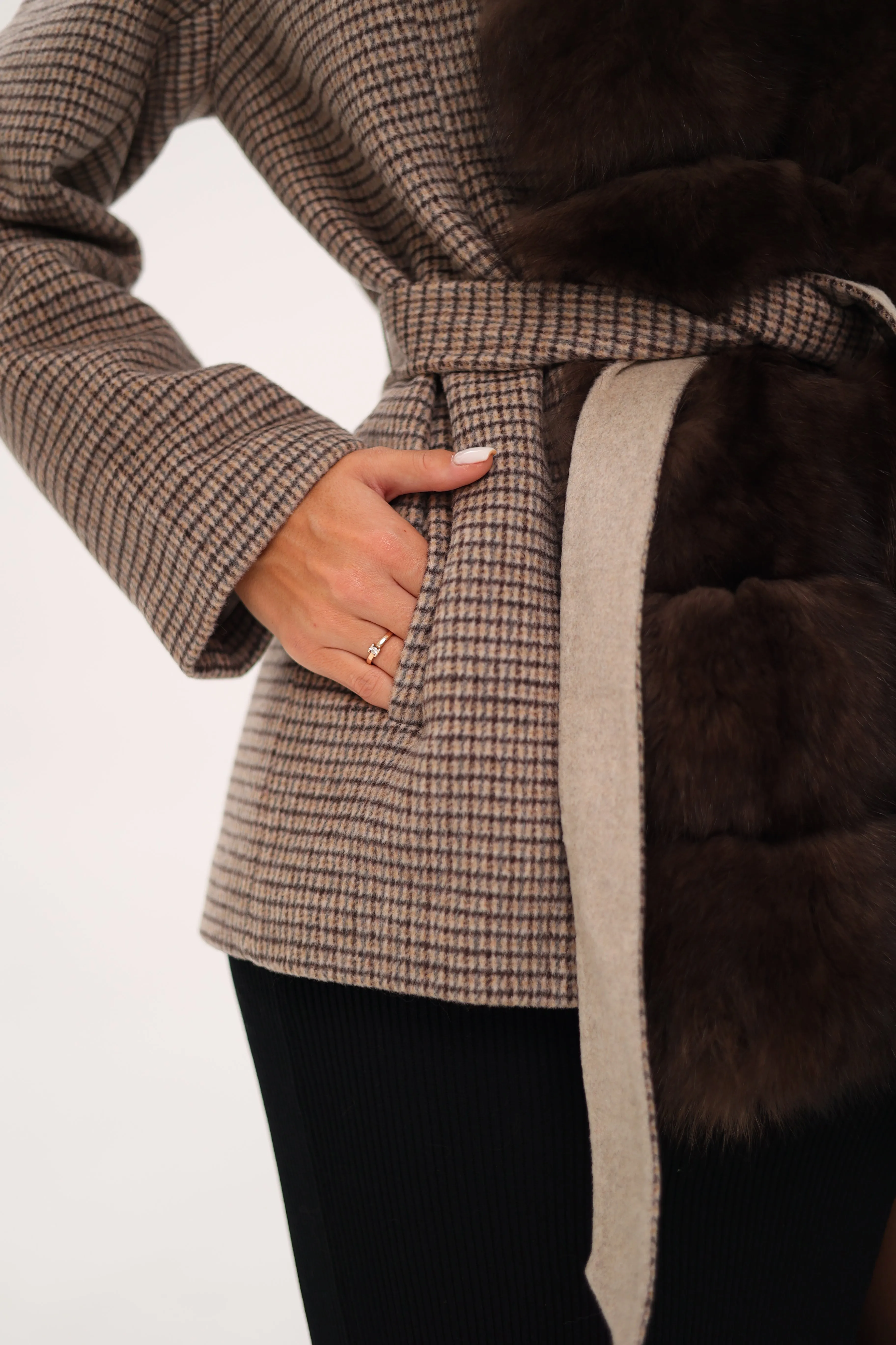 Genuine Polar Fox Fur Virgin Wool Coat in Dark Beige