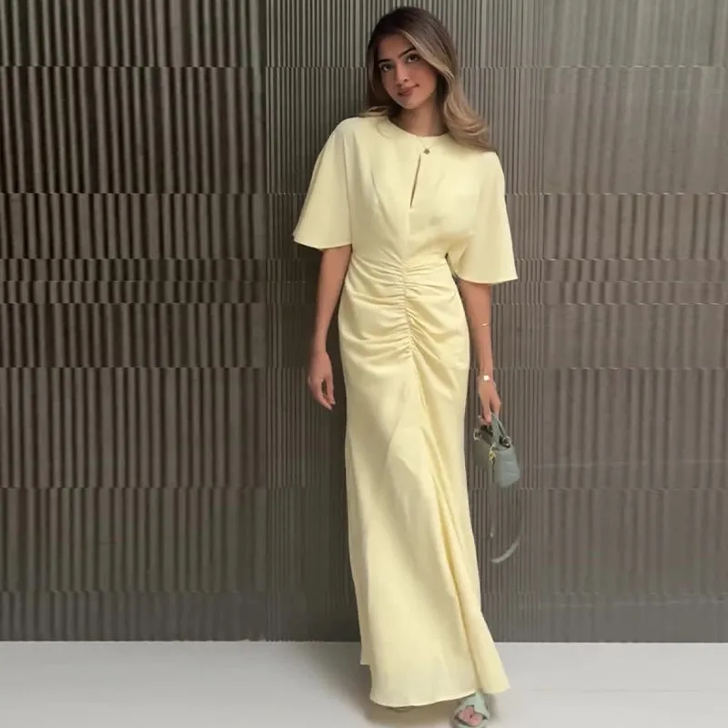 Girlary-shop divine being dress to impress 2024 Summer New Women's Solid Color round Neck Pleated Waist Long Slim Fit Dress