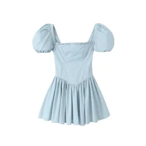 Girlary-shop hoco dresses French Style Girl Puff Sleeve Dress Women's Retro Square Collar Open Collarbone Stitching Waist Slim Pleated Skirt